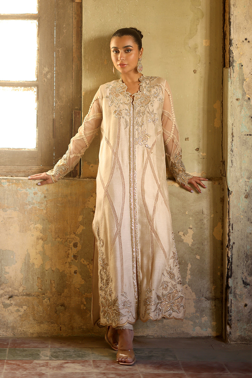 Pakistani Ivory Zardozi & Pearl Embossed Silk Salwar Kameez (3-Piece) - Image 4