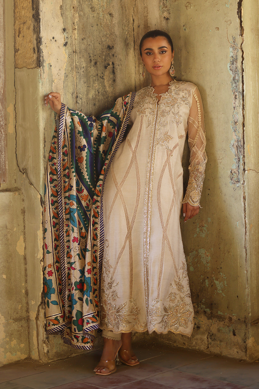 Pakistani Ivory Zardozi & Pearl Embossed Silk Salwar Kameez (3-Piece) - Image 5
