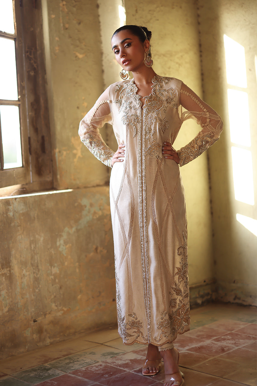 Pakistani Ivory Zardozi & Pearl Embossed Silk Salwar Kameez (3-Piece) - Image 7