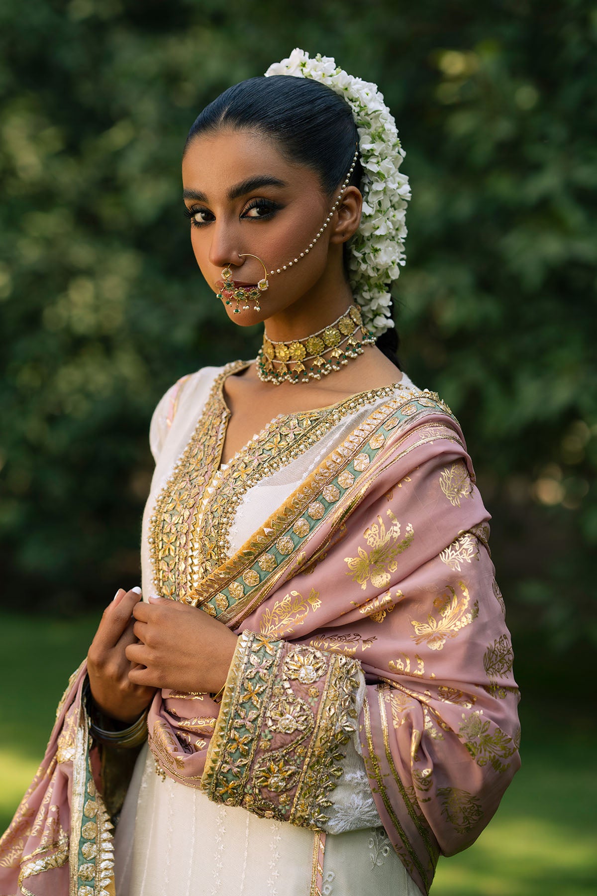 Pakistani Ivory & Pink Embroidered Georgette Salwar Kameez (3-Piece) - Image 1