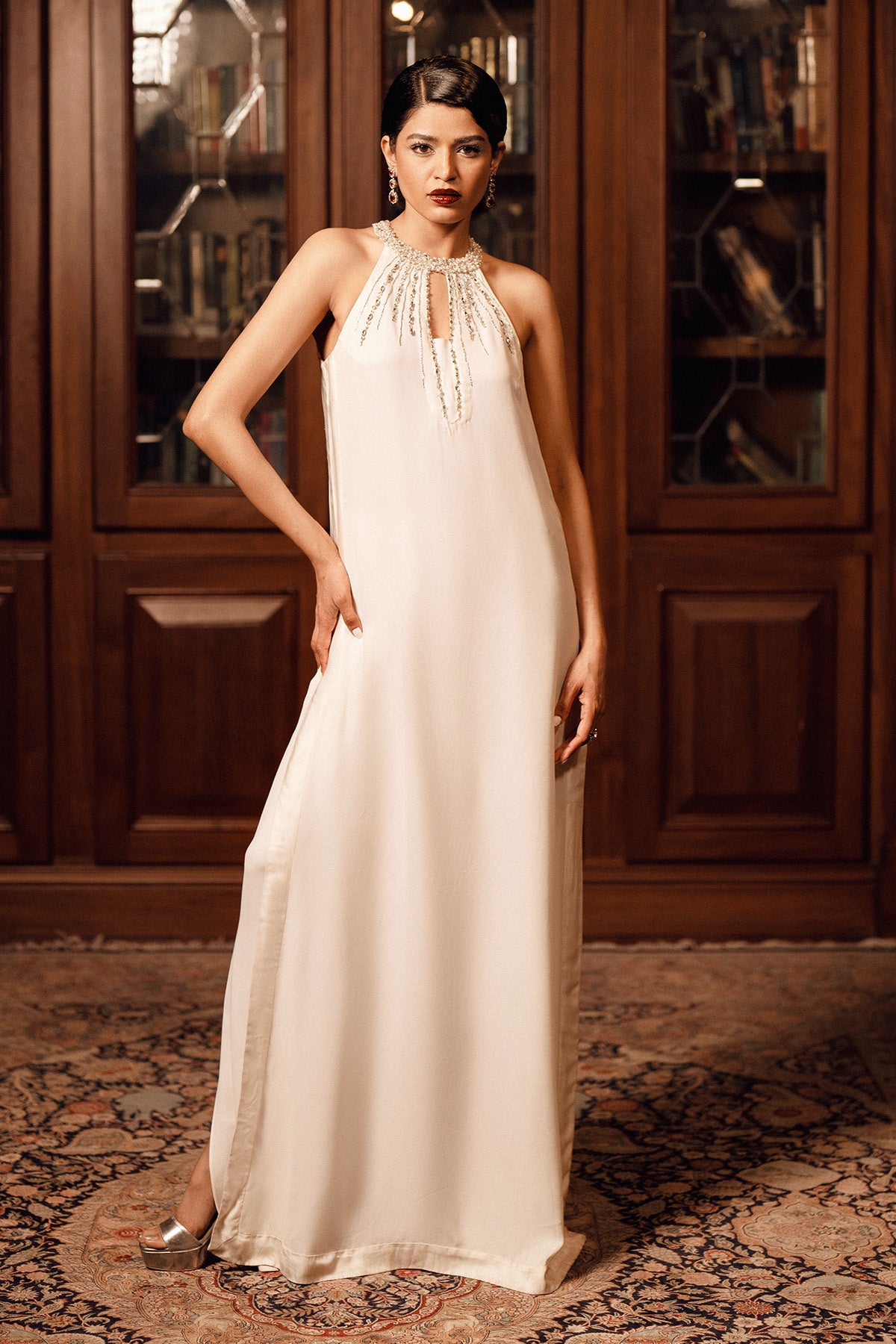 Ivory White Embellished Georgette Halter Neck Set (2-Piece) - Image 1