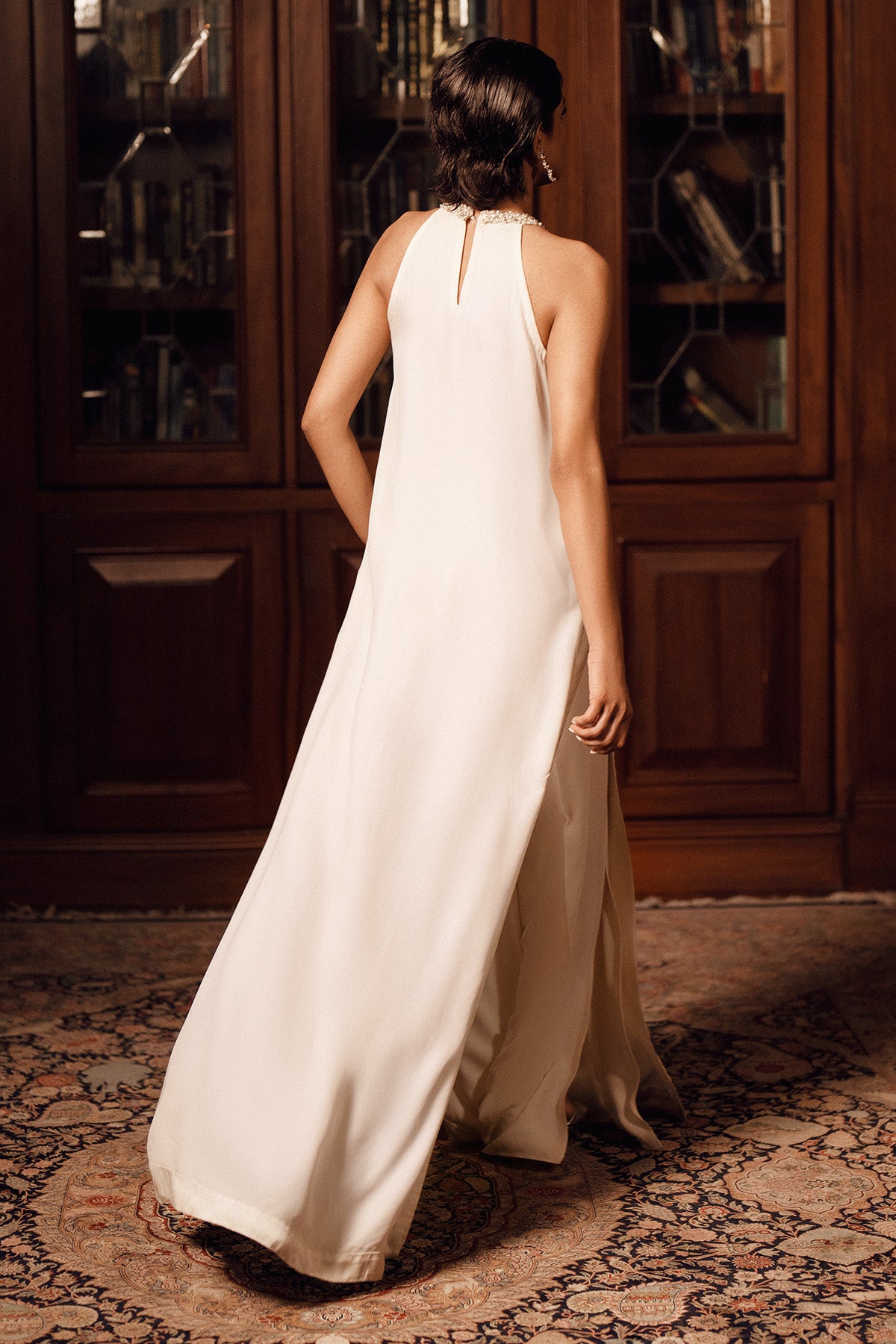 Ivory White Embellished Georgette Halter Neck Set (2-Piece) - Image 3