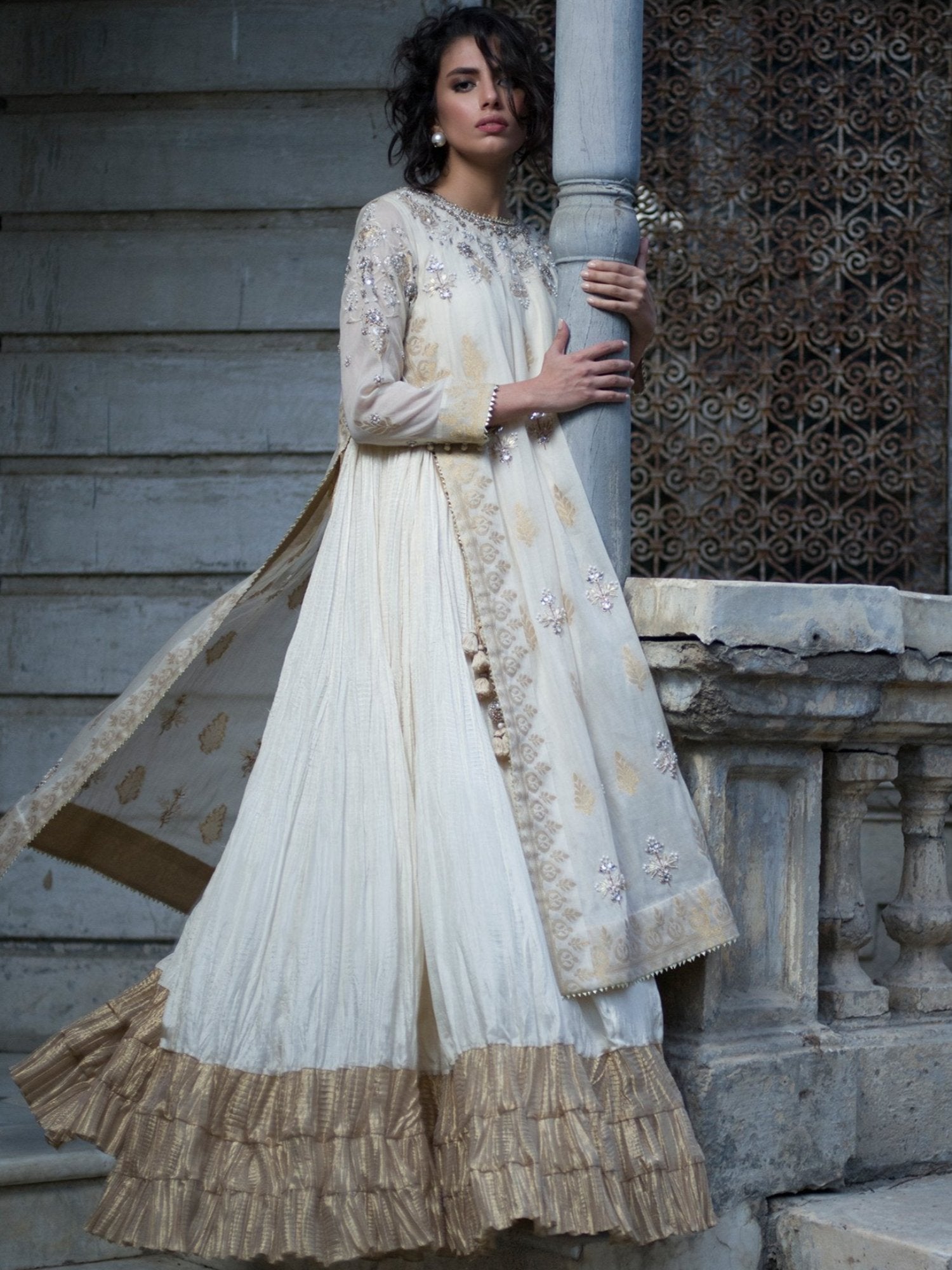 Ivory Embroidered Handwoven Silk Side Slit Dress (2-Piece) - Image 1