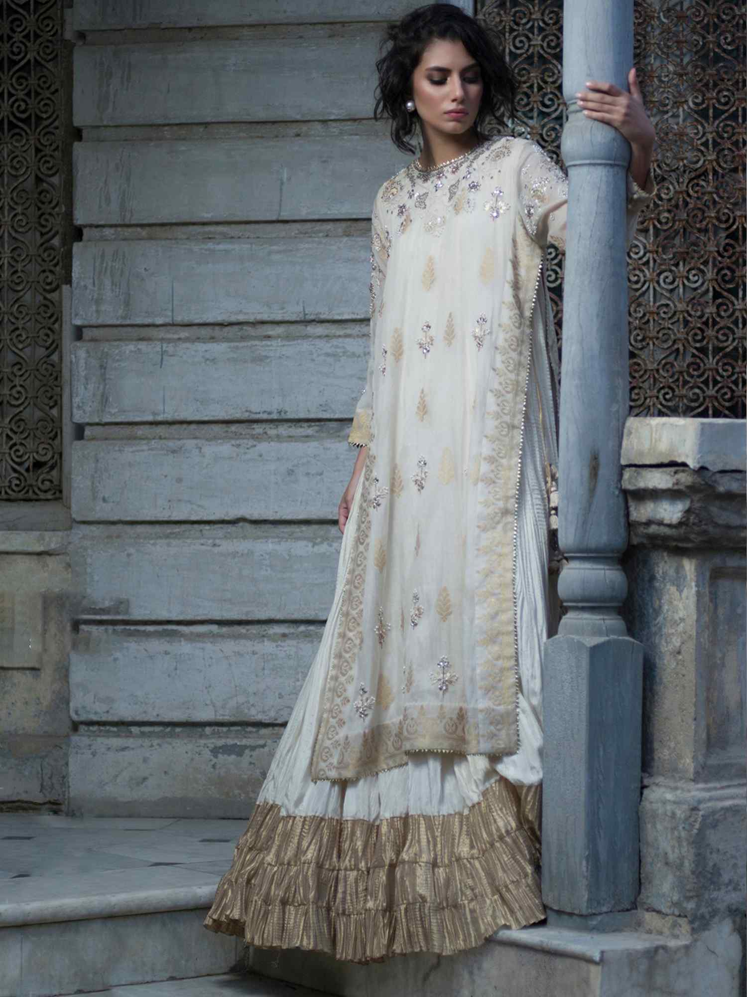 Ivory Embroidered Handwoven Silk Side Slit Dress (2-Piece) - Image 2