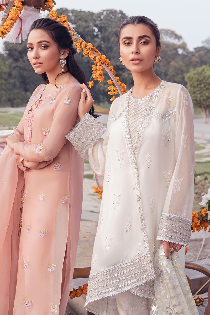 Ivory Mirror Work Jacquard Chiffon Kurta (3-Piece) - Image 1