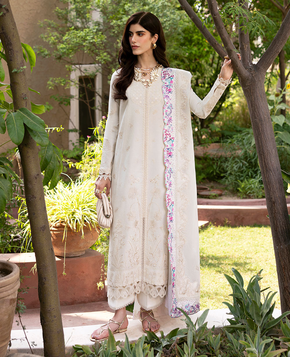 Pakistani Cream Jacquard Salwar Kameez with Embroidered Dupatta (3-Piece) - Image 1
