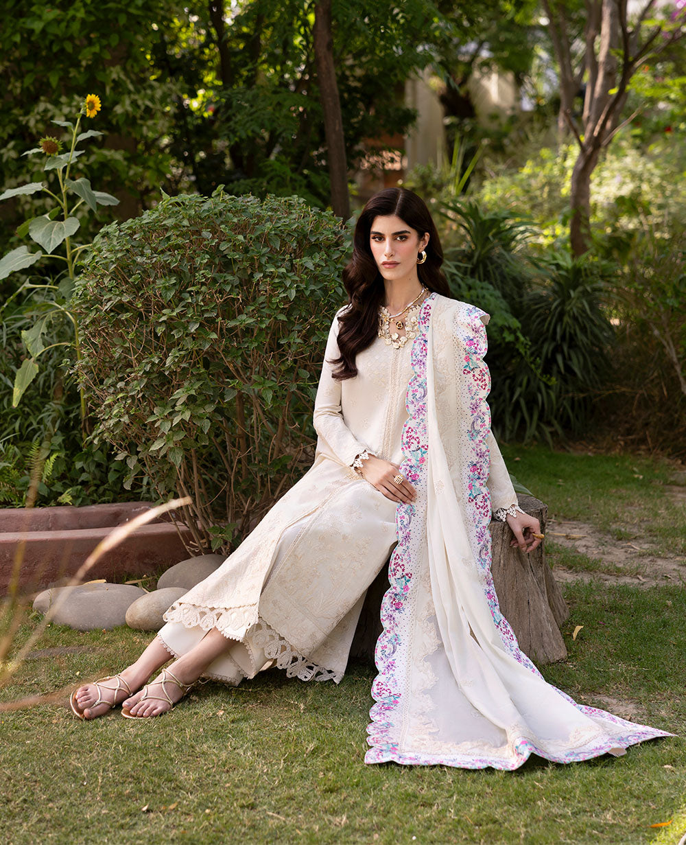 Pakistani Cream Jacquard Salwar Kameez with Embroidered Dupatta (3-Piece) - Image 3