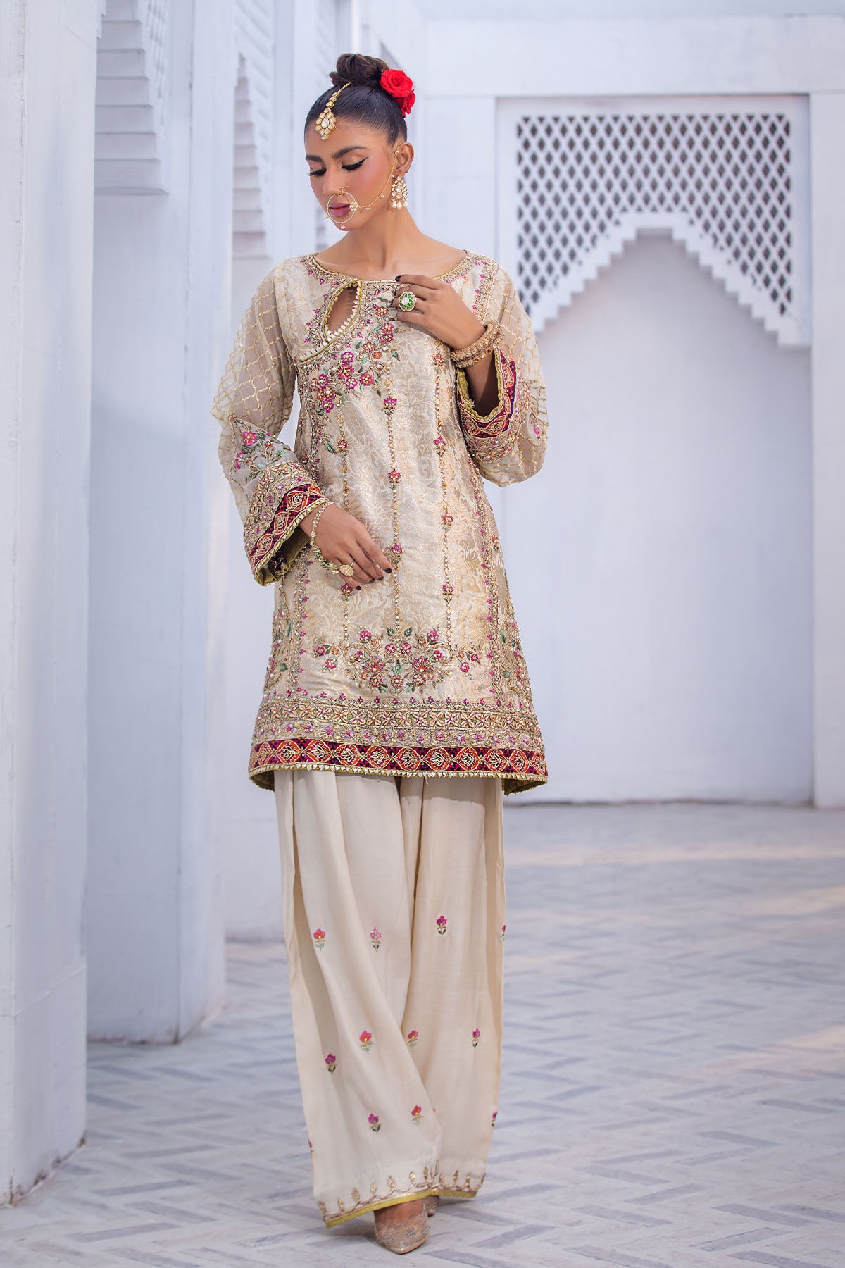 Pakistani Off-White Gota Resham Jamawar Salwar Kameez (3-Piece) - Image 1