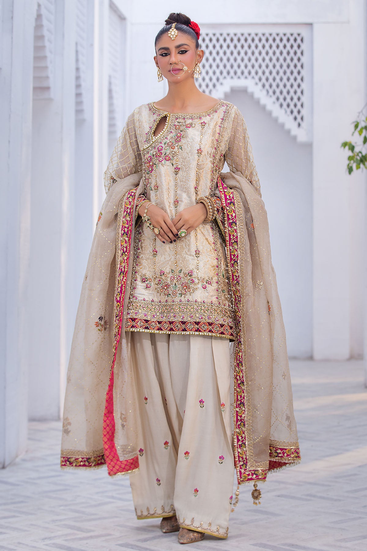 Pakistani Off-White Gota Resham Jamawar Salwar Kameez (3-Piece) - Image 3