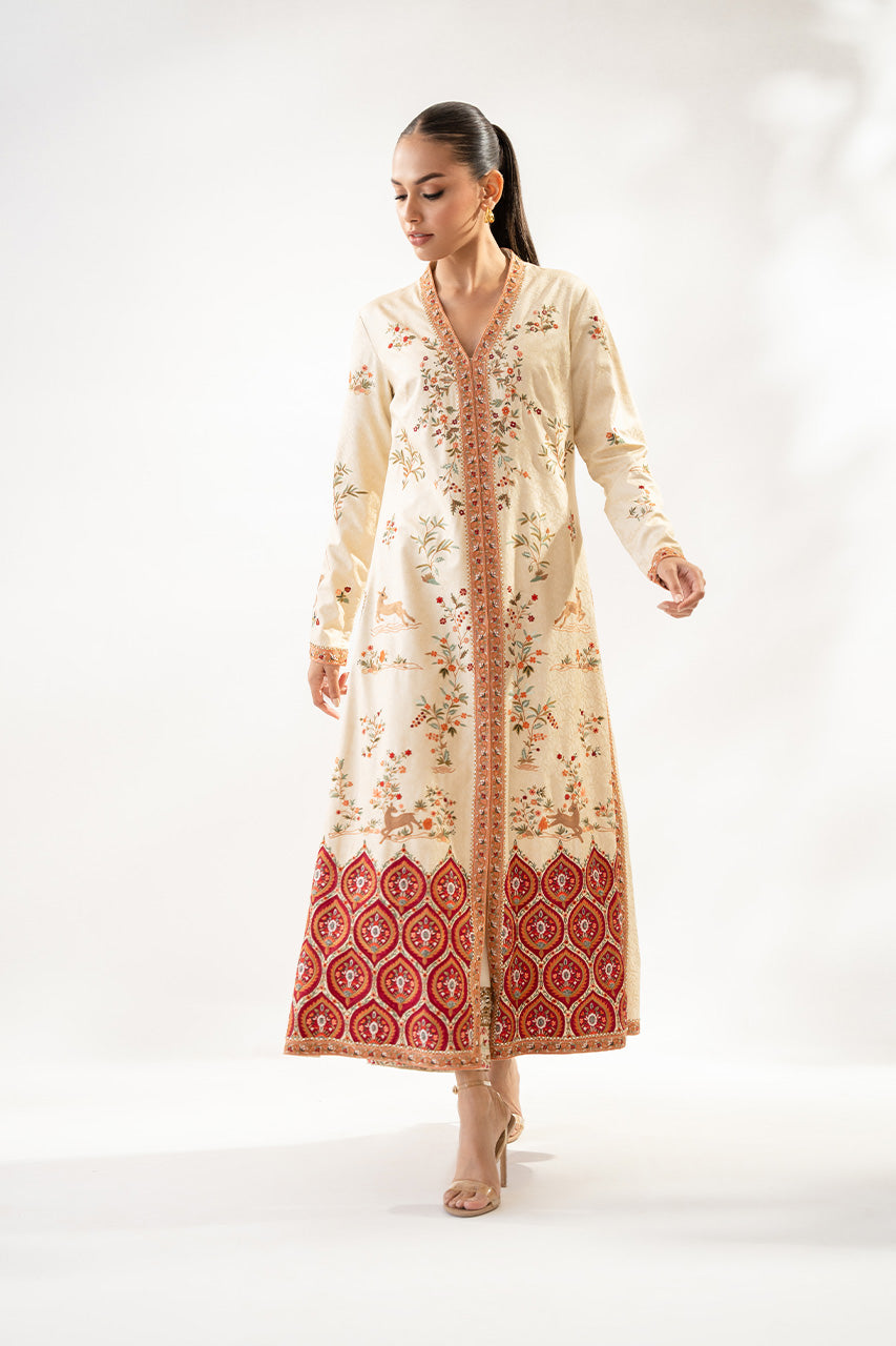 Ivory Embroidered Jamawar & Rawsilk Jacket (2-Piece) - Image 1
