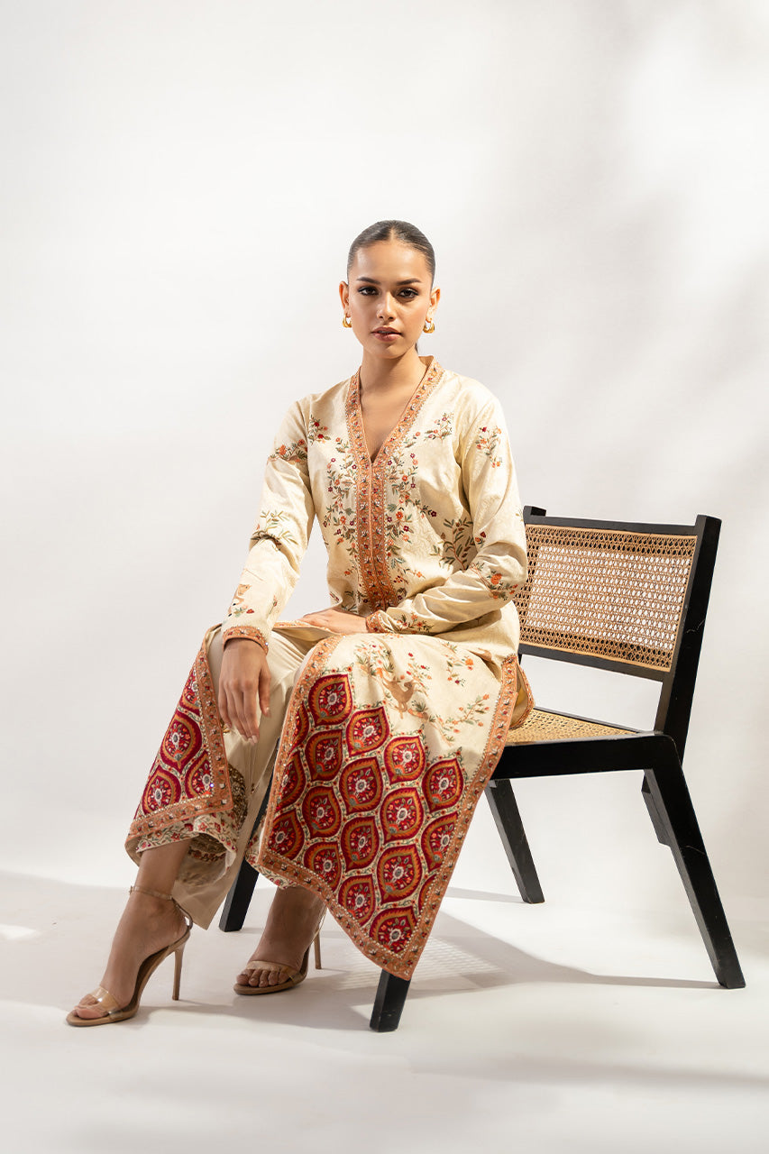 Ivory Embroidered Jamawar & Rawsilk Jacket (2-Piece) - Image 5