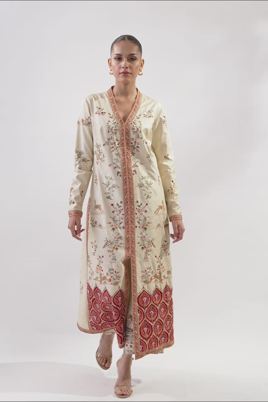 Ivory Embroidered Jamawar & Rawsilk Jacket (2-Piece) - Image 6
