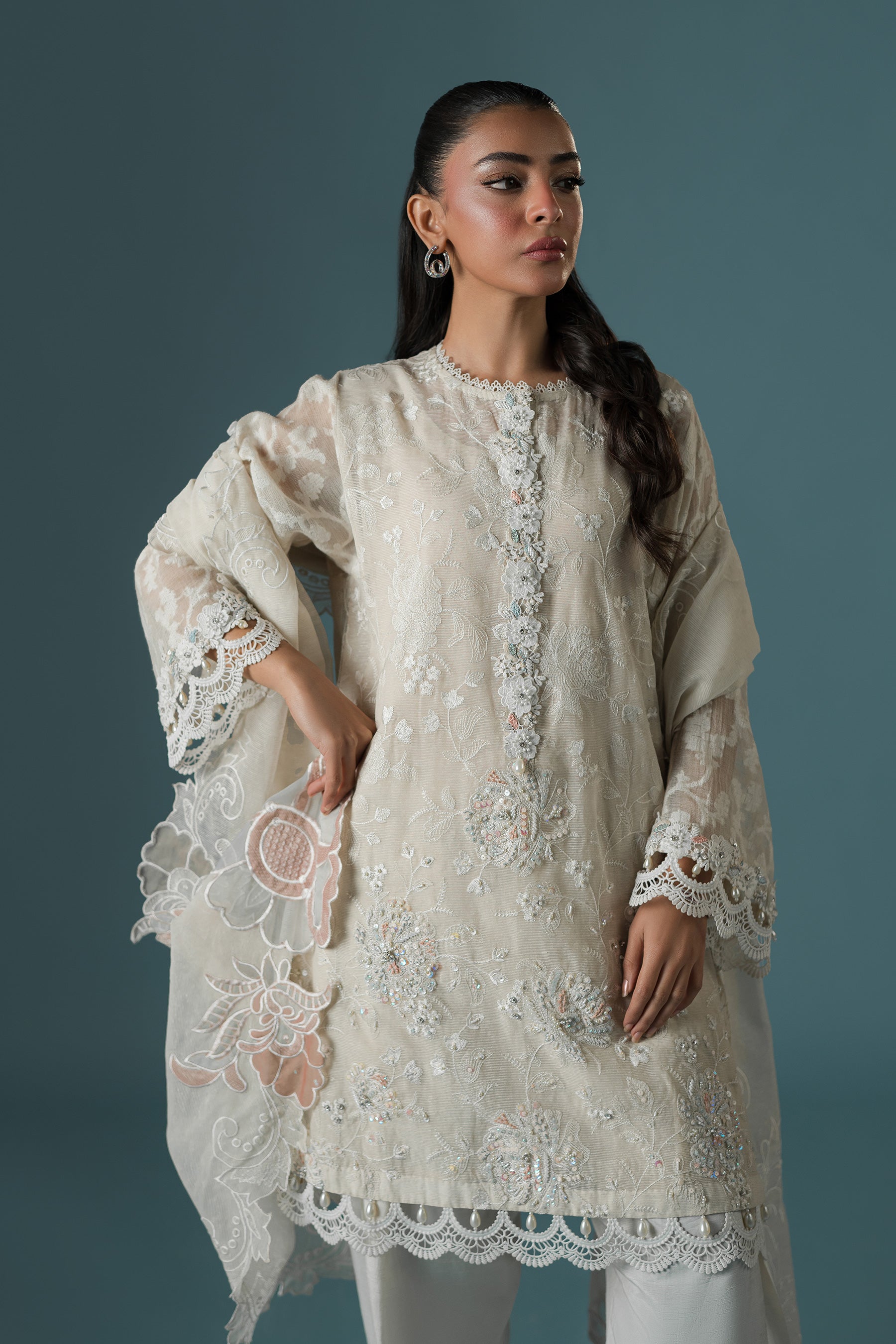 Pakistani Ivory Embroidered Karandi Organza Salwar Kameez (4-Piece) - Image 3