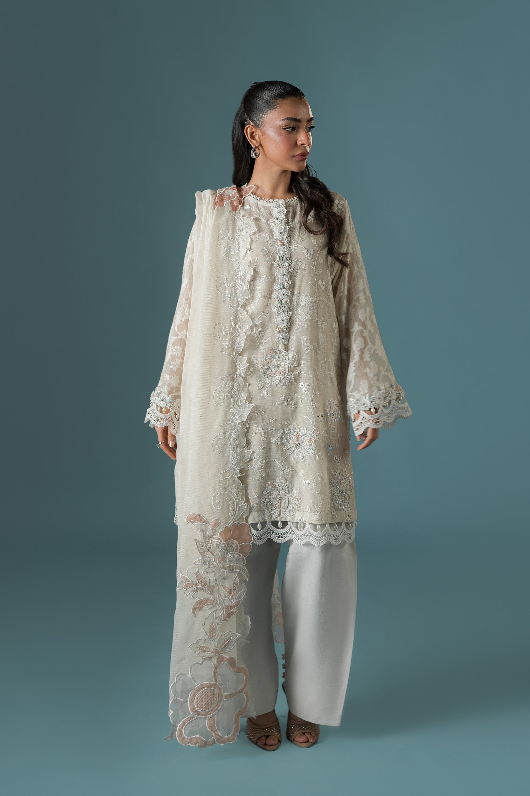 Pakistani Ivory Embroidered Karandi Organza Salwar Kameez (3-Piece) - Image 1