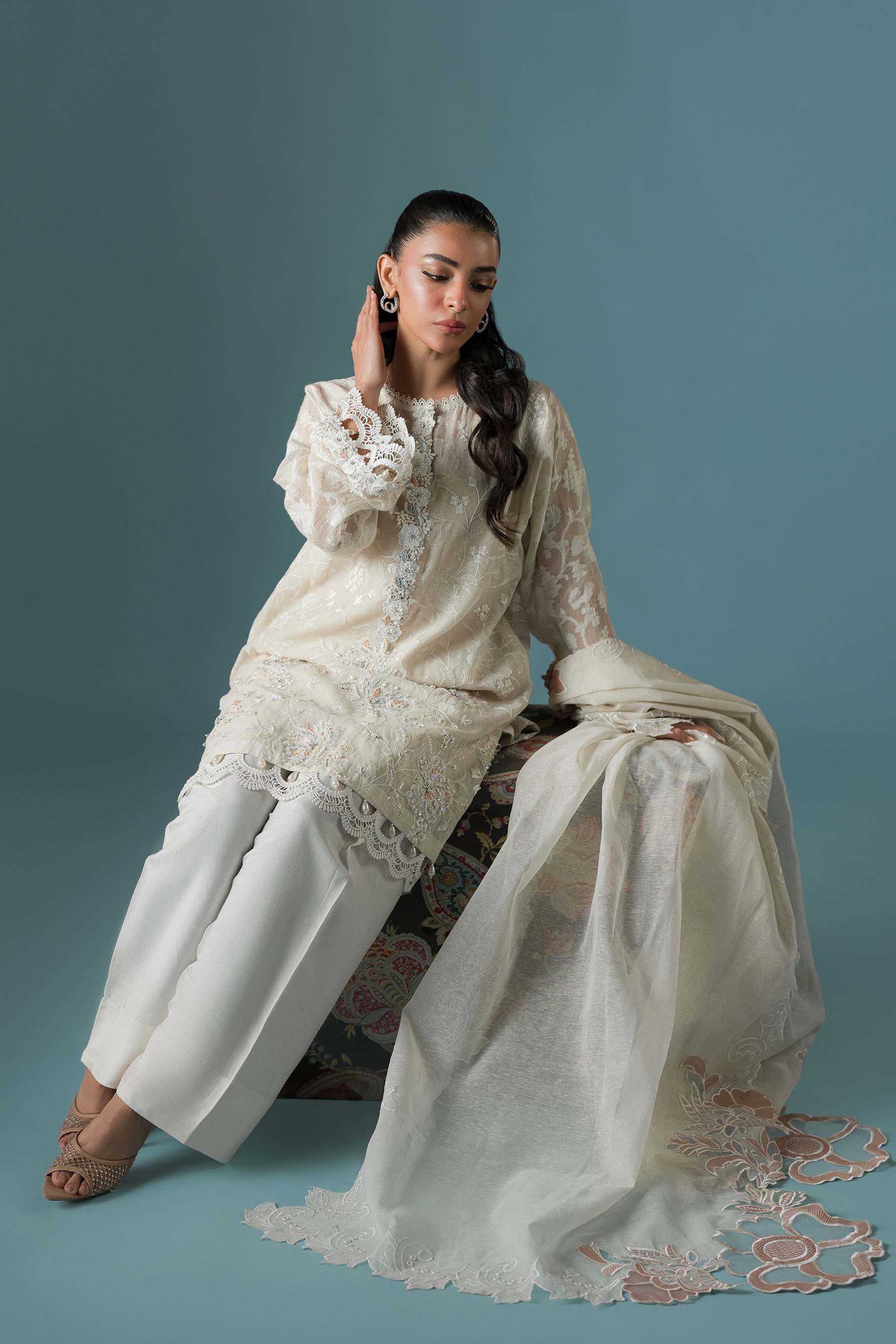 Pakistani Ivory Embroidered Karandi Organza Salwar Kameez (3-Piece) - Image 2
