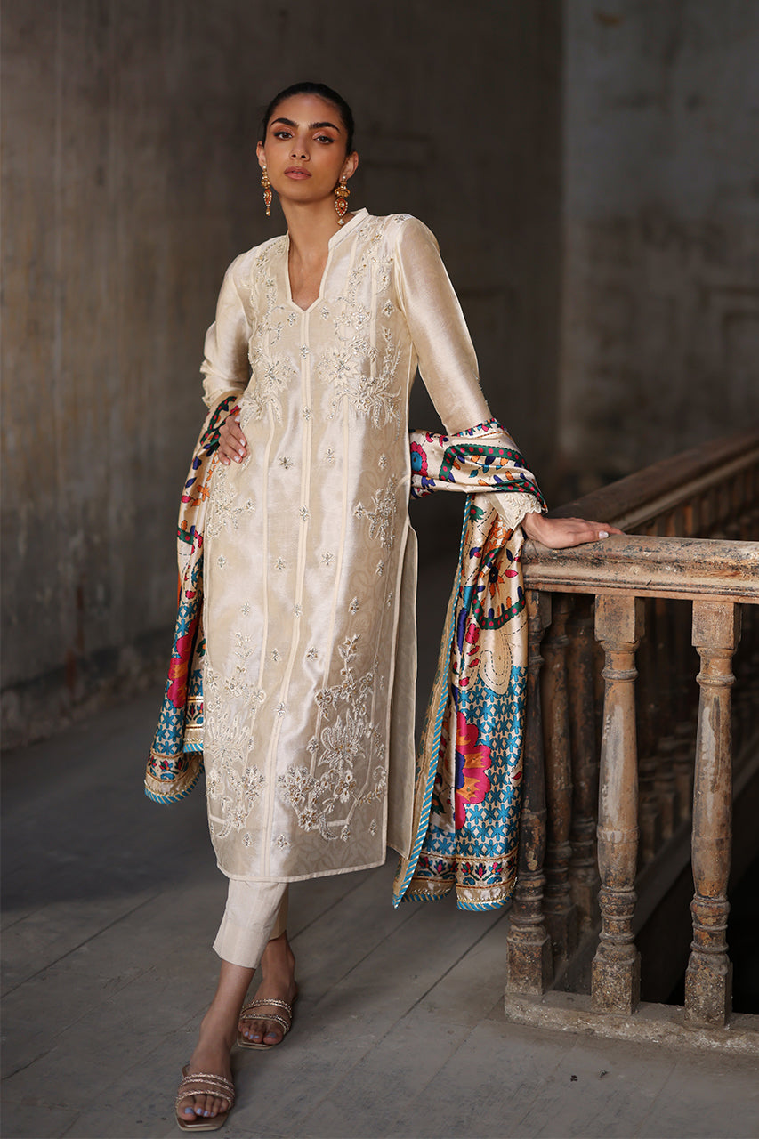 Pakistani Ivory Zardozi Khaadi Silk Salwar Kameez (3-Piece) - Image 2