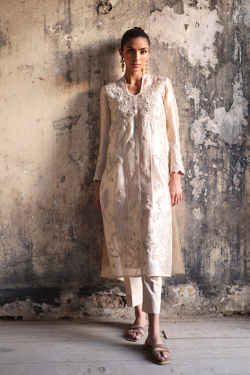 Pakistani Ivory Zardozi Khaadi Silk Salwar Kameez (3-Piece) - Image 4