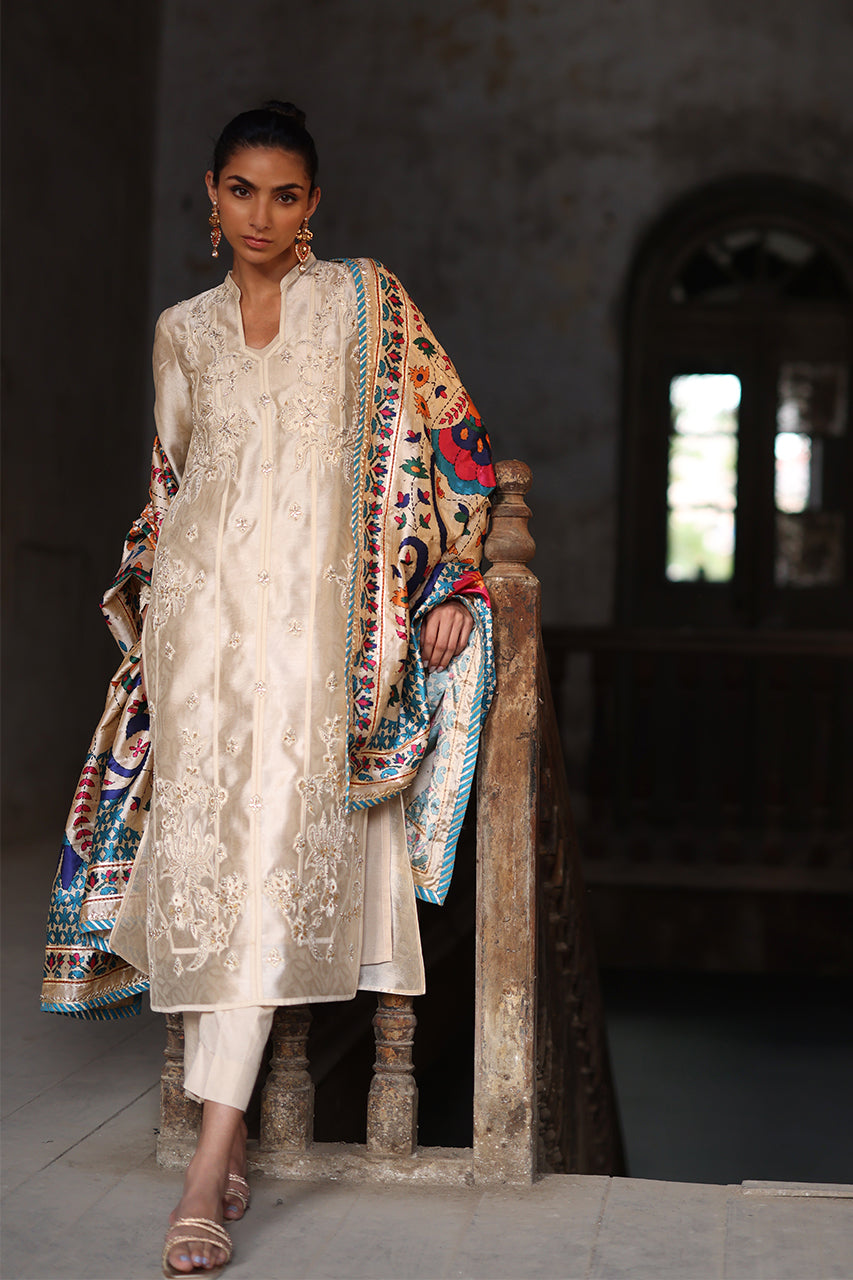 Pakistani Ivory Zardozi Khaadi Silk Salwar Kameez (3-Piece) - Image 5