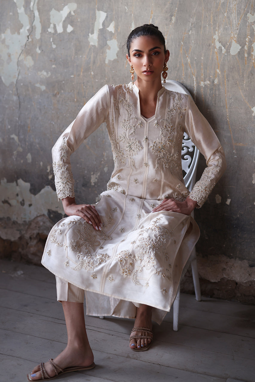 Pakistani Ivory Zardozi Khaadi Silk Salwar Kameez (3-Piece) - Image 6