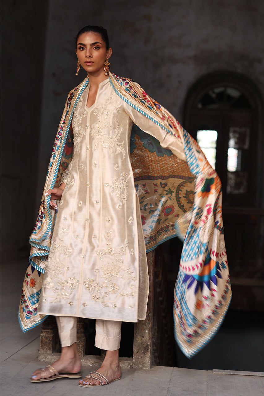 Pakistani Ivory Zardozi Khaadi Silk Salwar Kameez (3-Piece) - Image 8