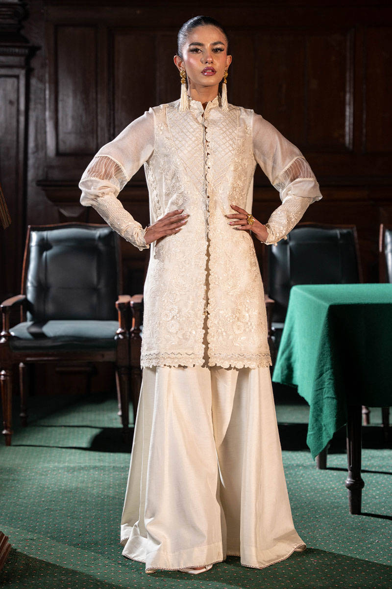 Ivory Embroidered Khaddi Net Jacket & Pants (2-Piece) - Image 1