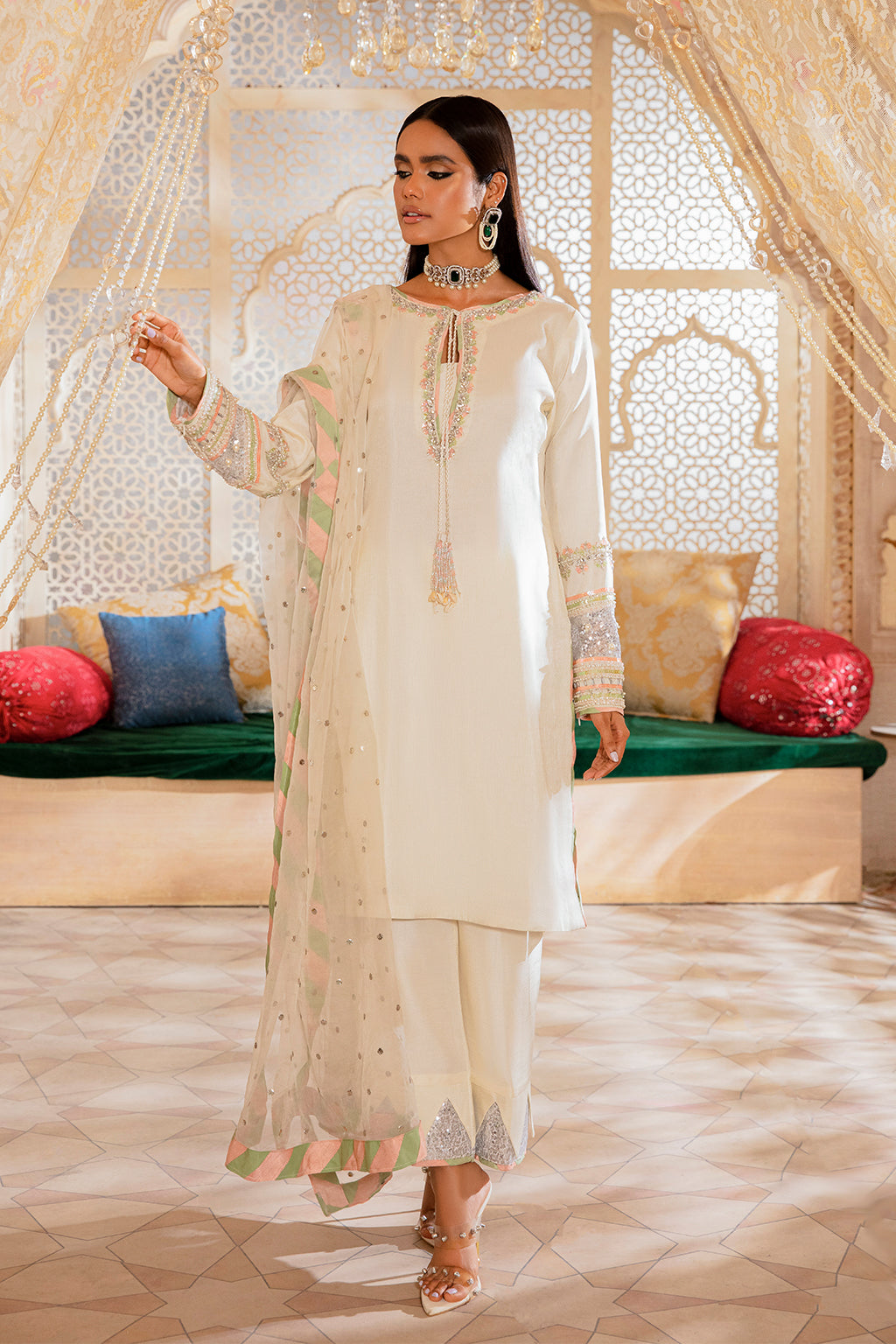 Off-White Embroidered Korean Raw Silk Salwar Kameez (3-Piece) - Image 1