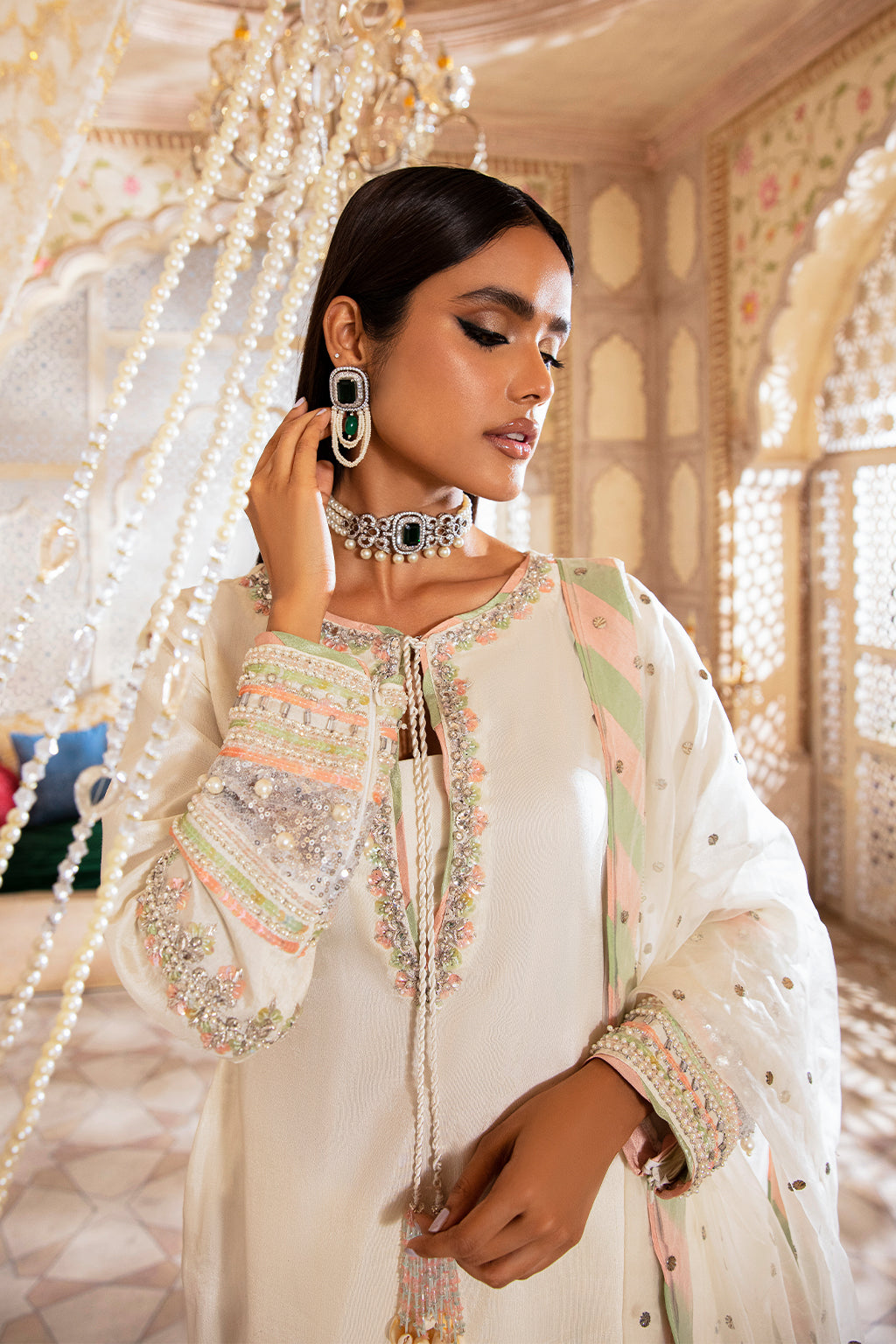 Off-White Embroidered Korean Raw Silk Salwar Kameez (3-Piece) - Image 4