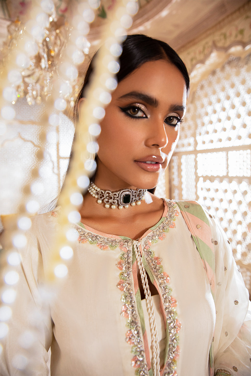 Off-White Embroidered Korean Raw Silk Salwar Kameez (3-Piece) - Image 6