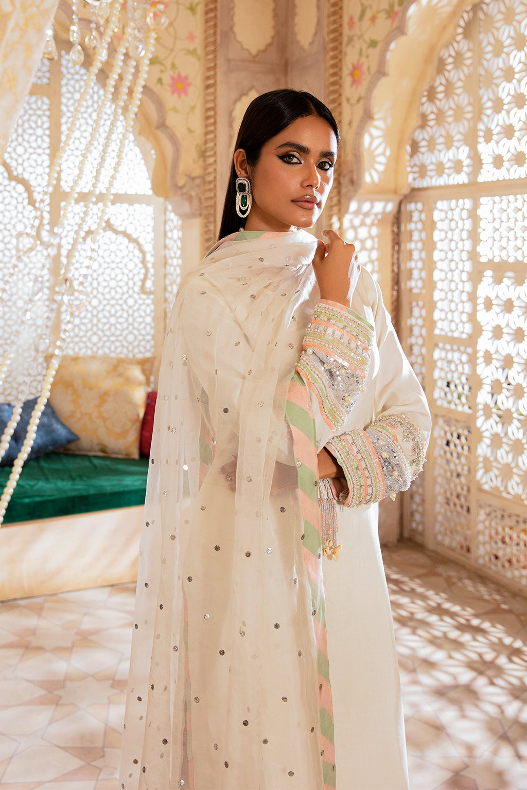 Off-White Embroidered Korean Raw Silk Salwar Kameez (3-Piece) - Image 7