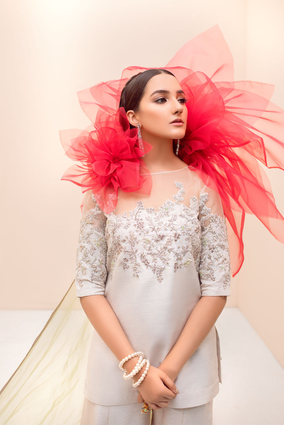 Ivory Embroidered Korean Raw Silk Kurta Set (3-Piece) - Image 4