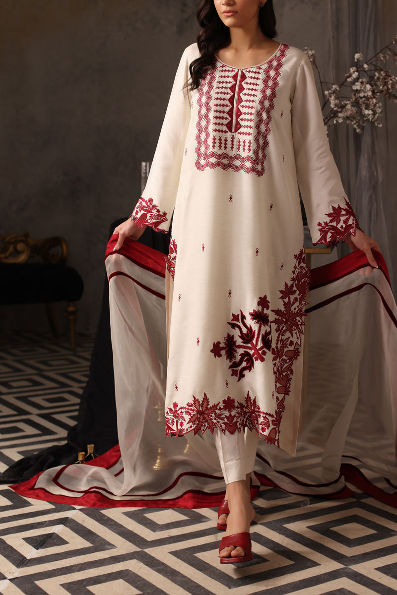 Pakistani Ivory Maroon Embroidered Korean Raw Silk Kurta (3-Piece) - Image 1
