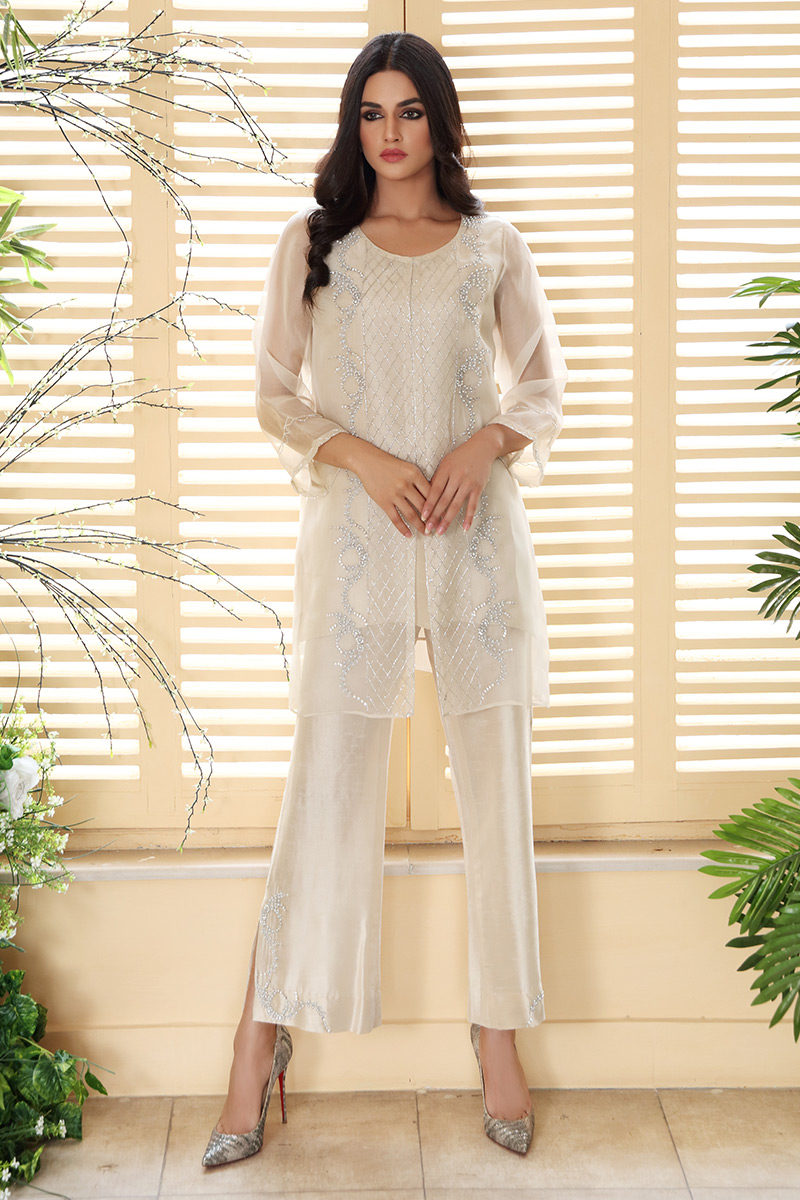 Ivory Cut Dana Pearl Korean Silk Jacket Pants (2-Piece) - Image 1