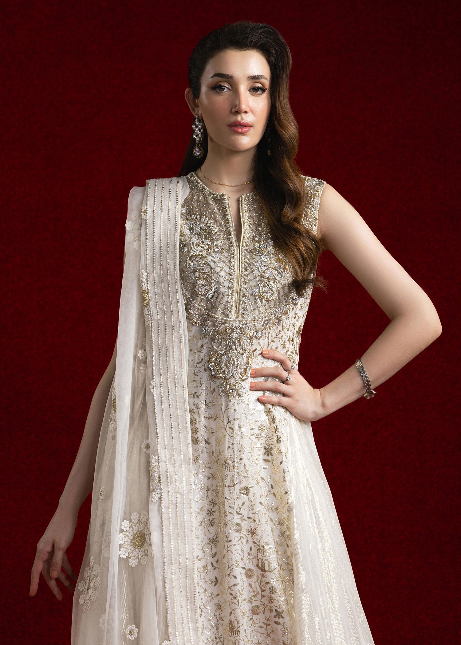 Pakistani Ivory Embroidered Lama Salwar Kameez (3-Piece) - Image 2