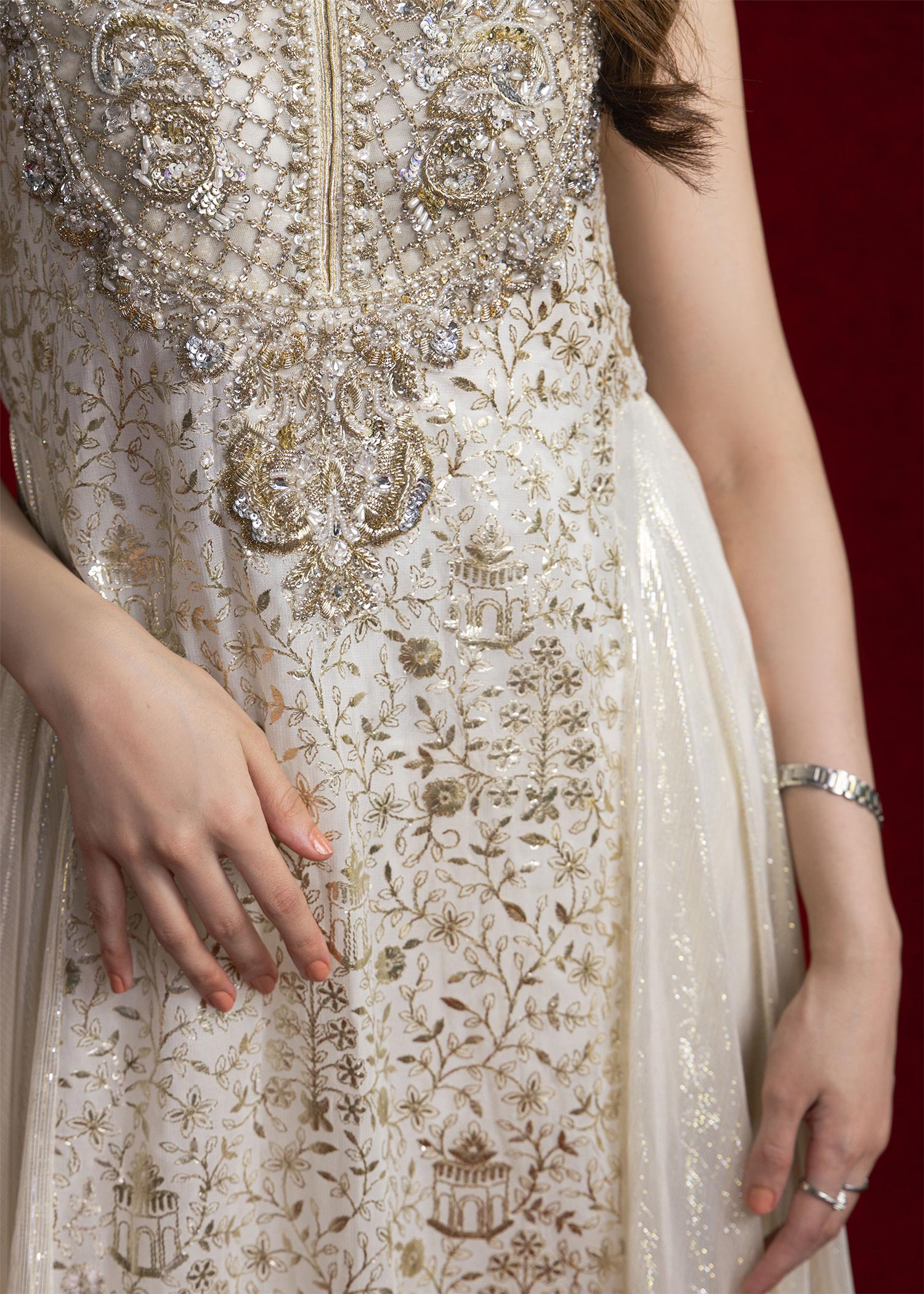 Pakistani Ivory Embroidered Lama Salwar Kameez (3-Piece) - Image 3