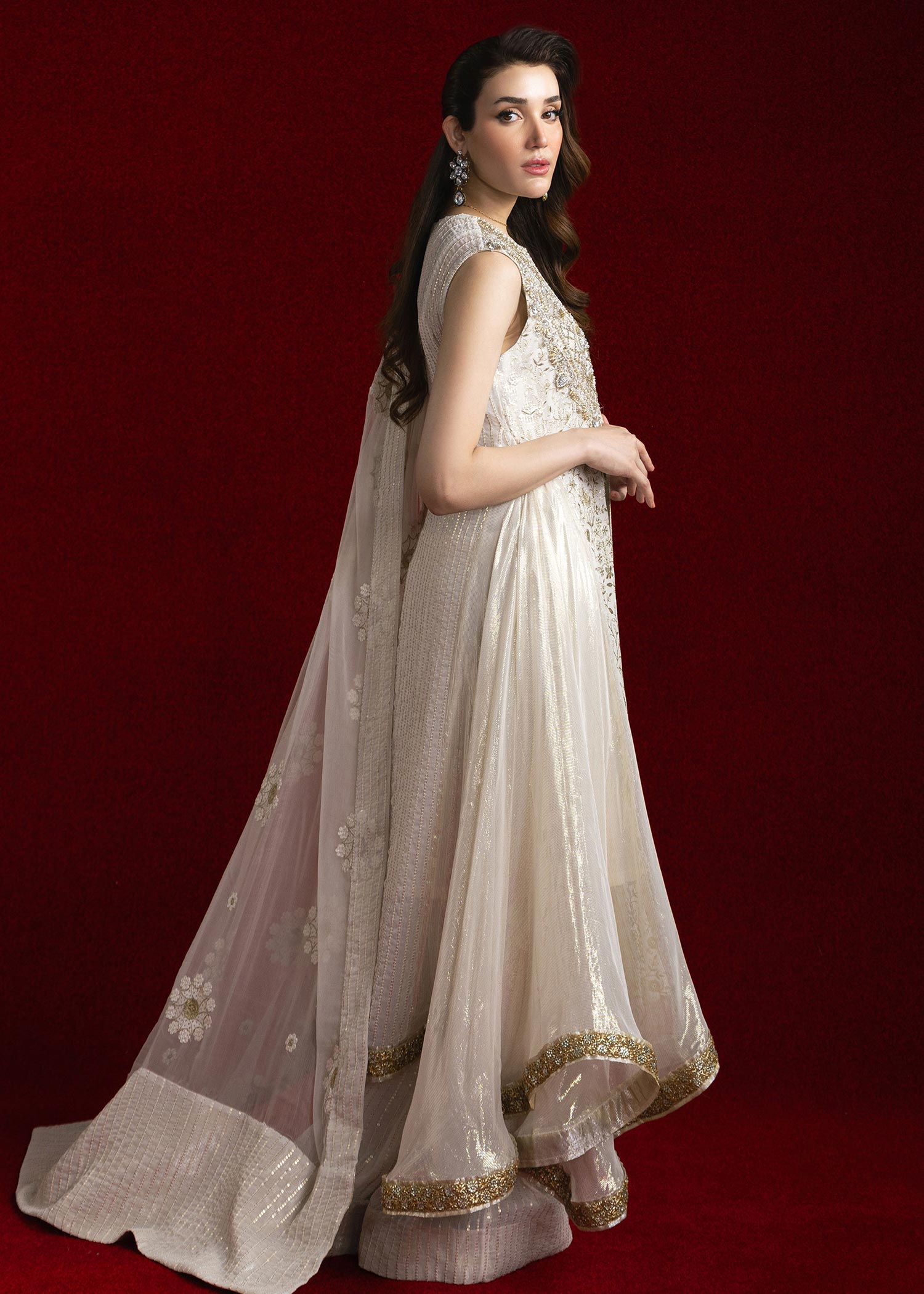 Pakistani Ivory Embroidered Lama Salwar Kameez (3-Piece) - Image 5