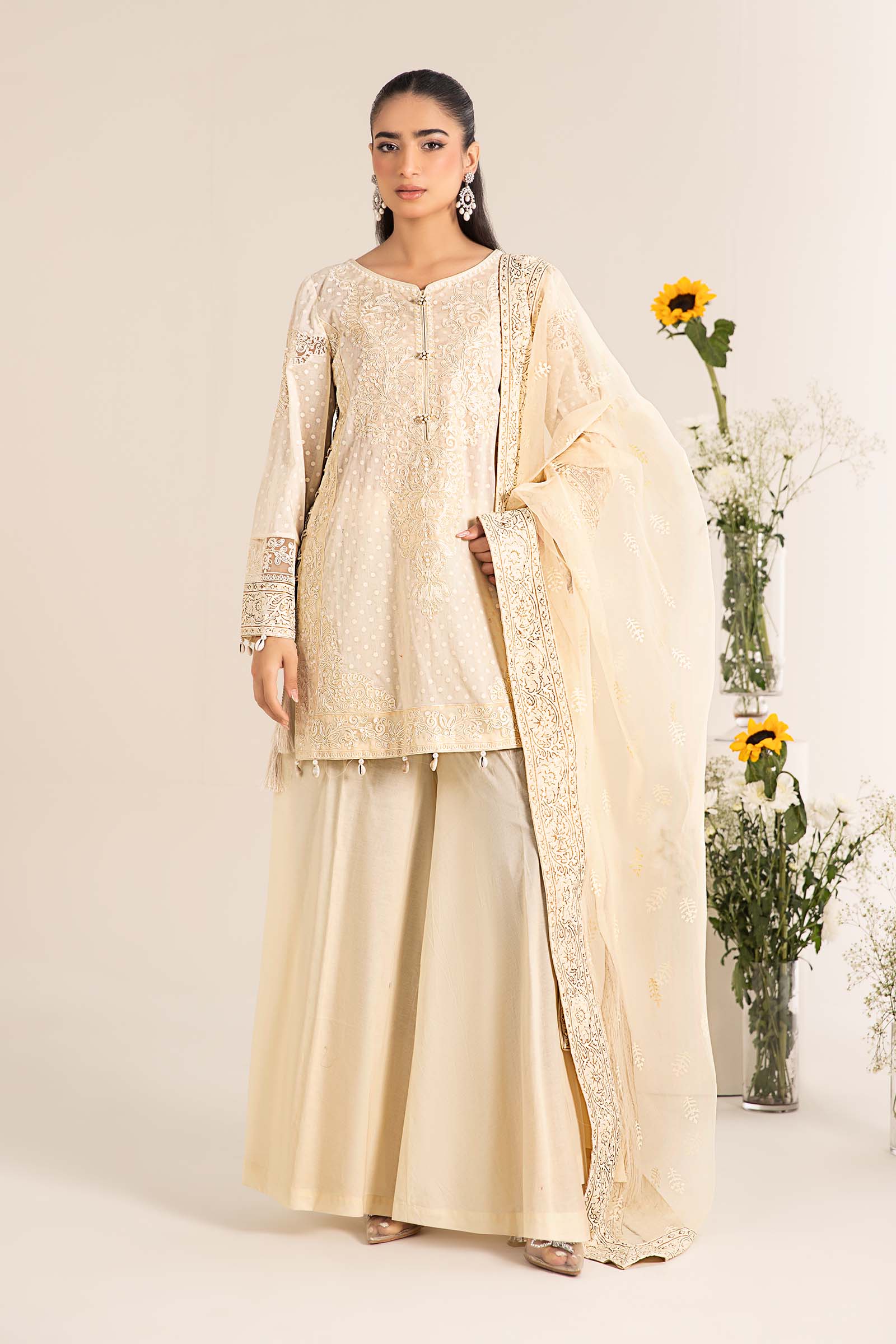 Pakistani Ivory Embroidered Lawn Salwar Kameez (3-Piece) - Image 1