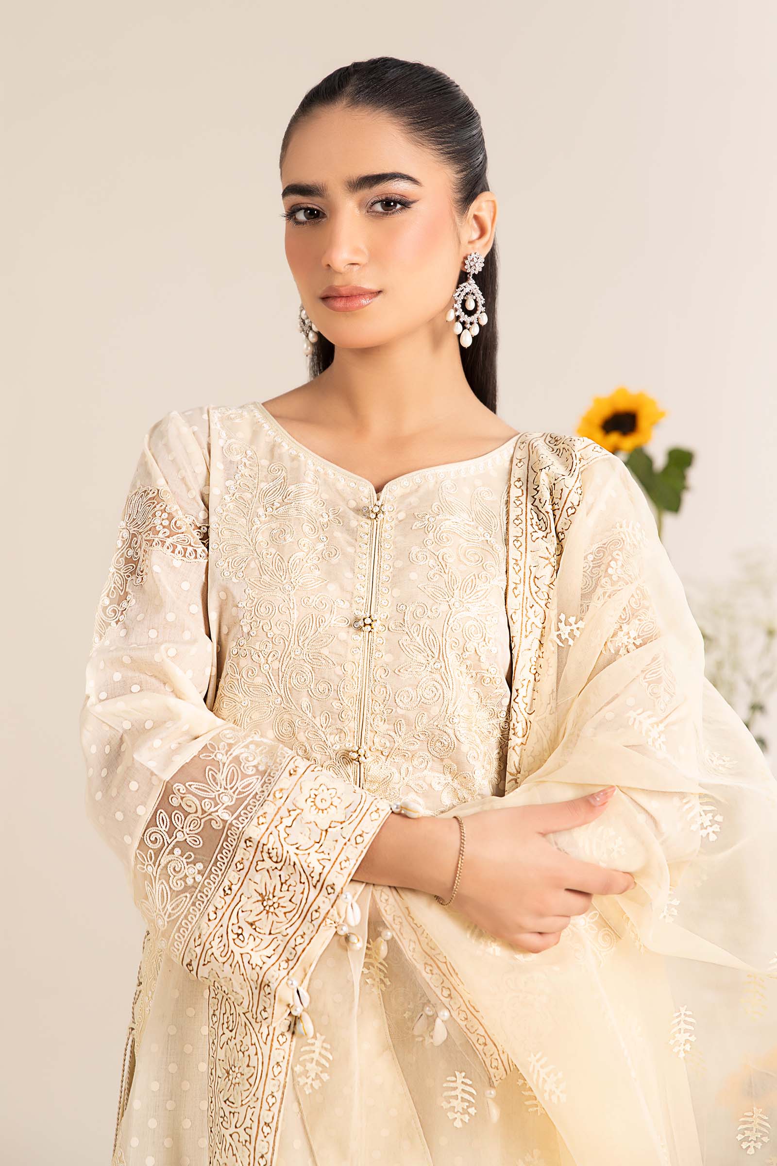 Pakistani Ivory Embroidered Lawn Salwar Kameez (3-Piece) - Image 2