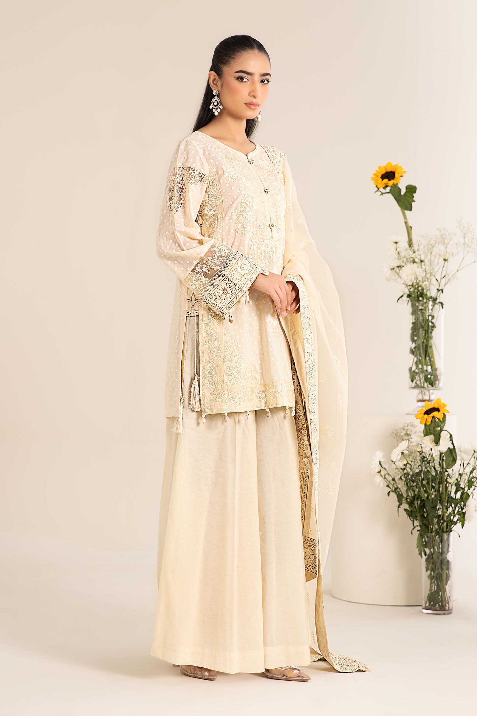 Pakistani Ivory Embroidered Lawn Salwar Kameez (3-Piece) - Image 5
