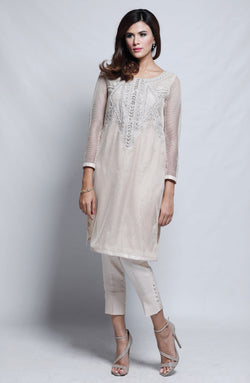 Pakistani Ivory Hand-Embellished Mesh Net Salwar Kameez (2-Piece) - Image 1
