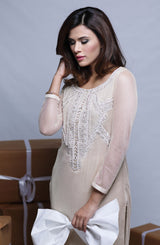 Pakistani Ivory Hand-Embellished Mesh Net Salwar Kameez (2-Piece) - Image 3