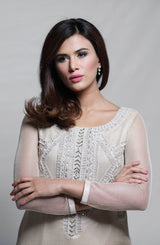 Pakistani Ivory Hand-Embellished Mesh Net Salwar Kameez (2-Piece) - Image 4