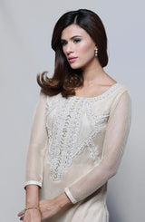 Pakistani Ivory Hand-Embellished Mesh Net Salwar Kameez (2-Piece) - Image 5