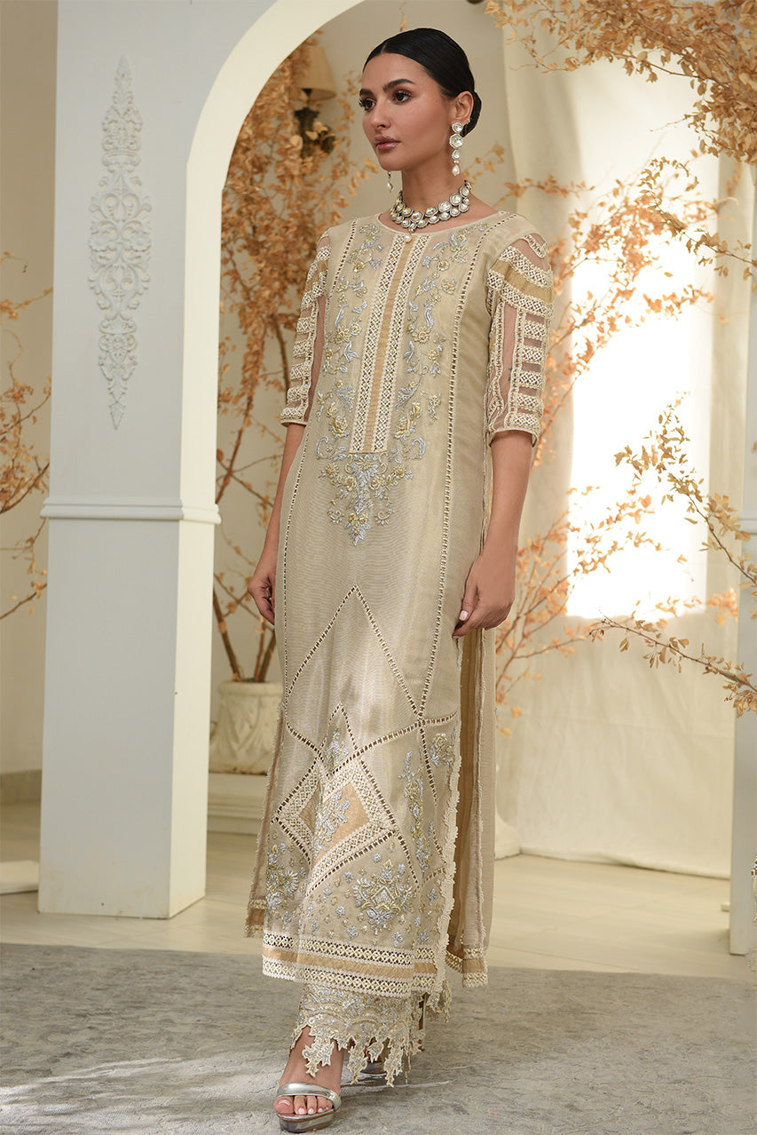 Pakistani Ivory Gold Zardozi Mesuri Salwar Kameez (3-Piece) - Image 5
