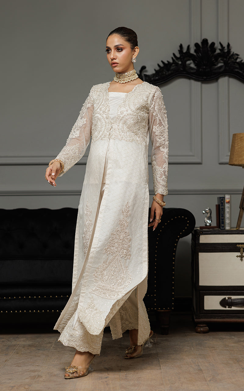 Ivory Appliqué Embroidered Net Long Jacket (3-Piece) - Image 1