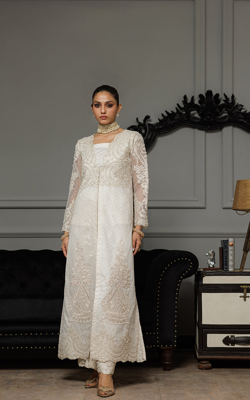 Ivory Appliqué Embroidered Net Long Jacket (3-Piece) - Image 2