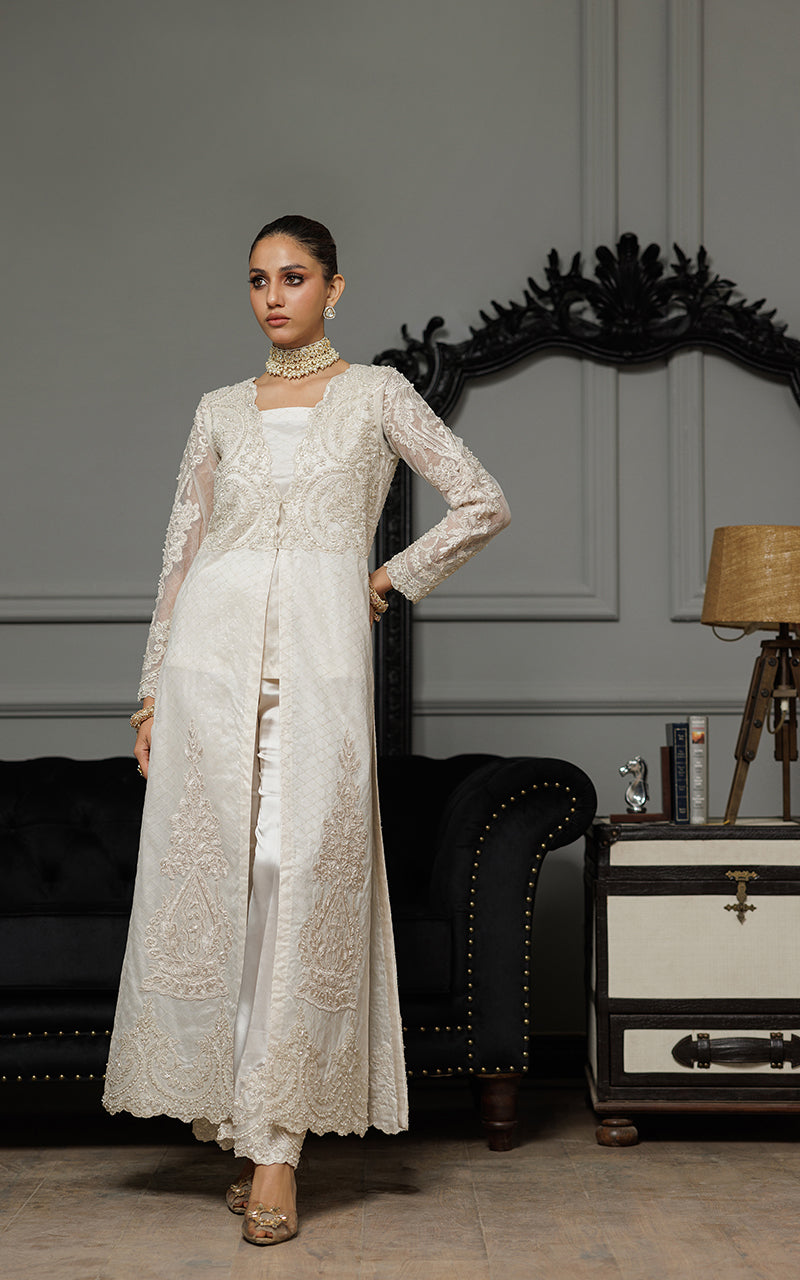 Ivory Appliqué Embroidered Net Long Jacket (3-Piece) - Image 3