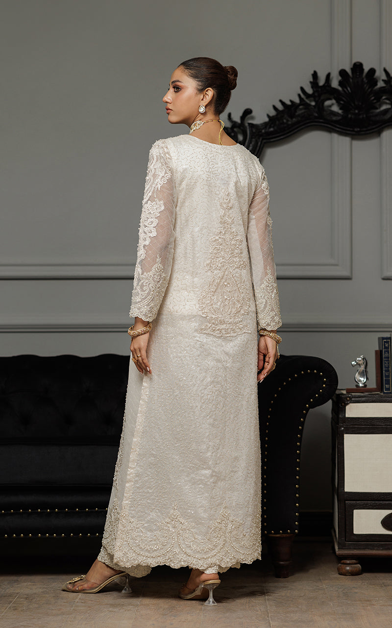 Ivory Appliqué Embroidered Net Long Jacket (3-Piece) - Image 4