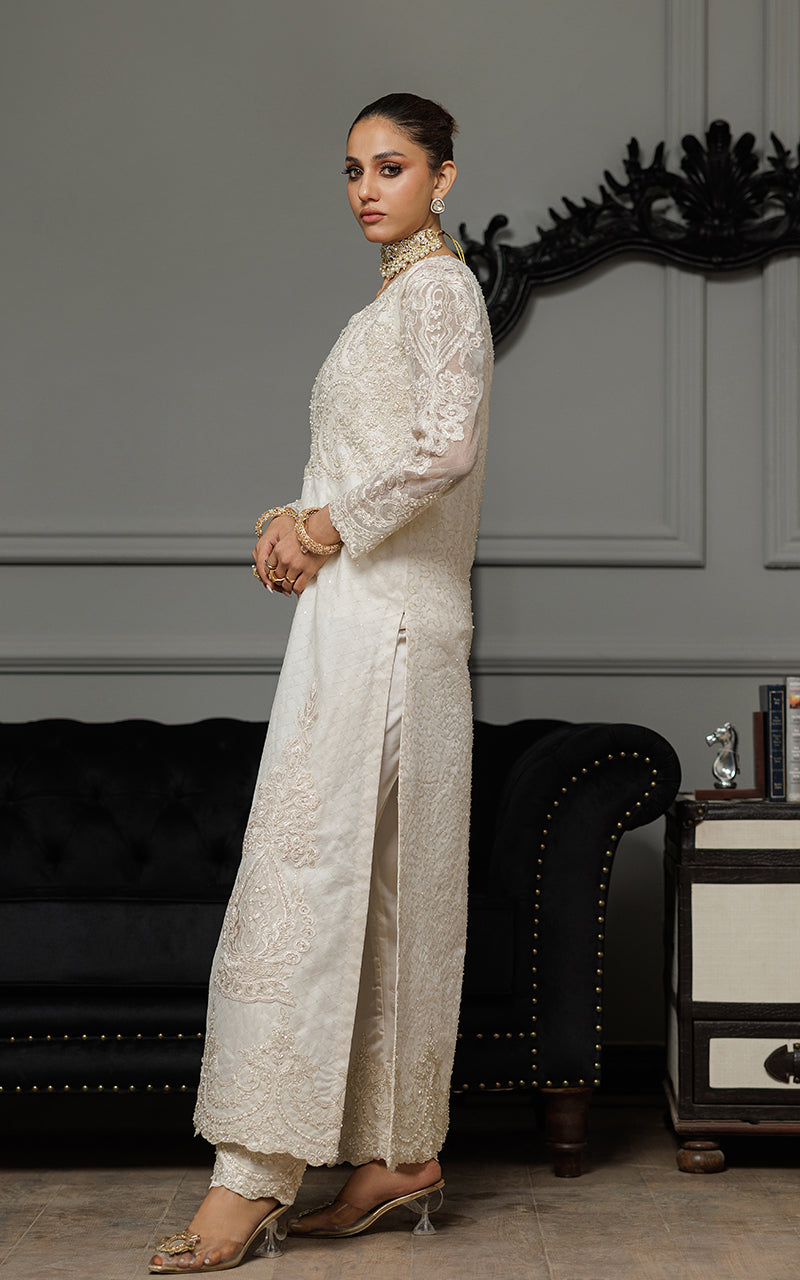 Ivory Appliqué Embroidered Net Long Jacket (3-Piece) - Image 5