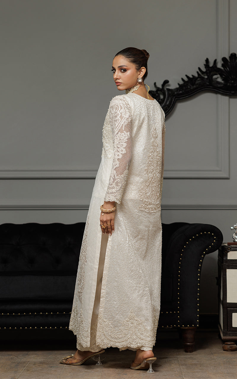 Ivory Appliqué Embroidered Net Long Jacket (3-Piece) - Image 6