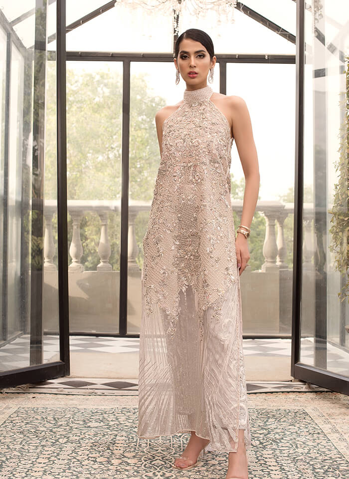 Pastel Cutwork Hand-Embroidered Net Halter Dress (2-Piece) - Image 1